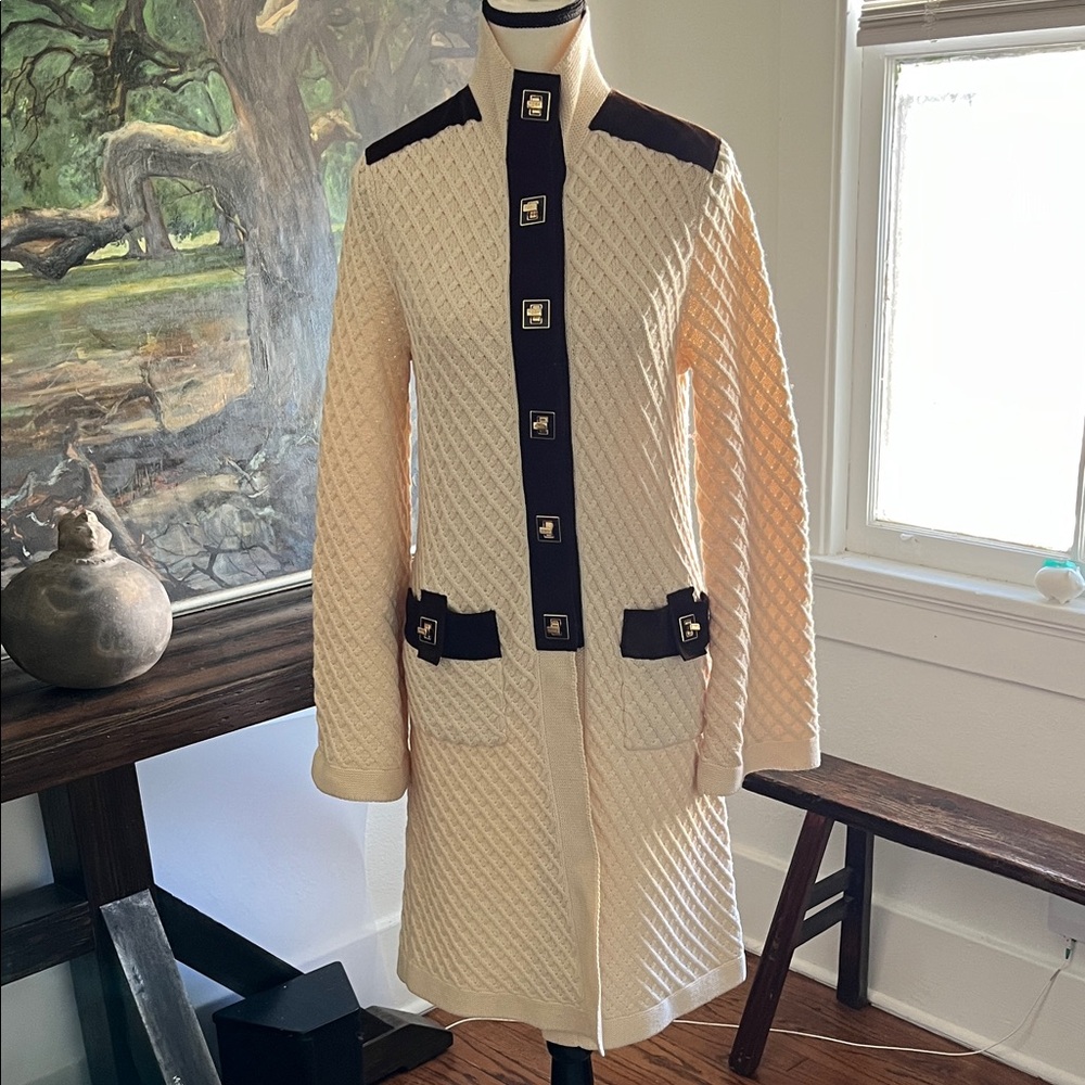 Tory Burch Cream and Brown Suede Leather  Trim Long Sweater